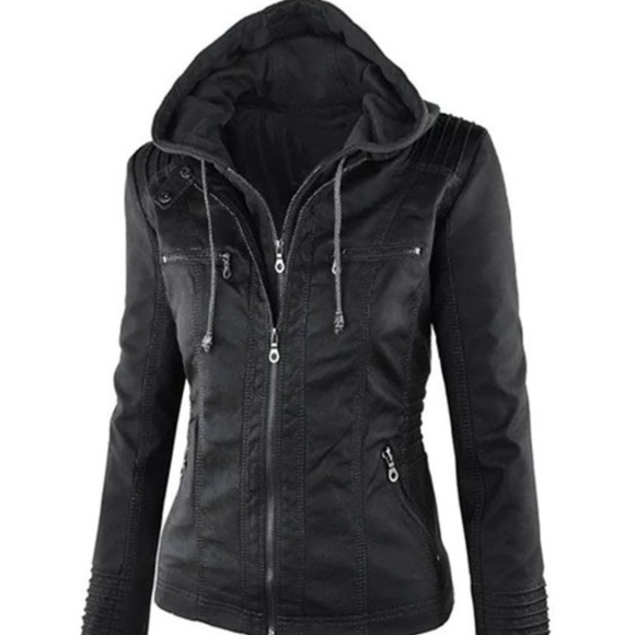 Black Hooded faux Moto Jacket - Picture 3 of 4